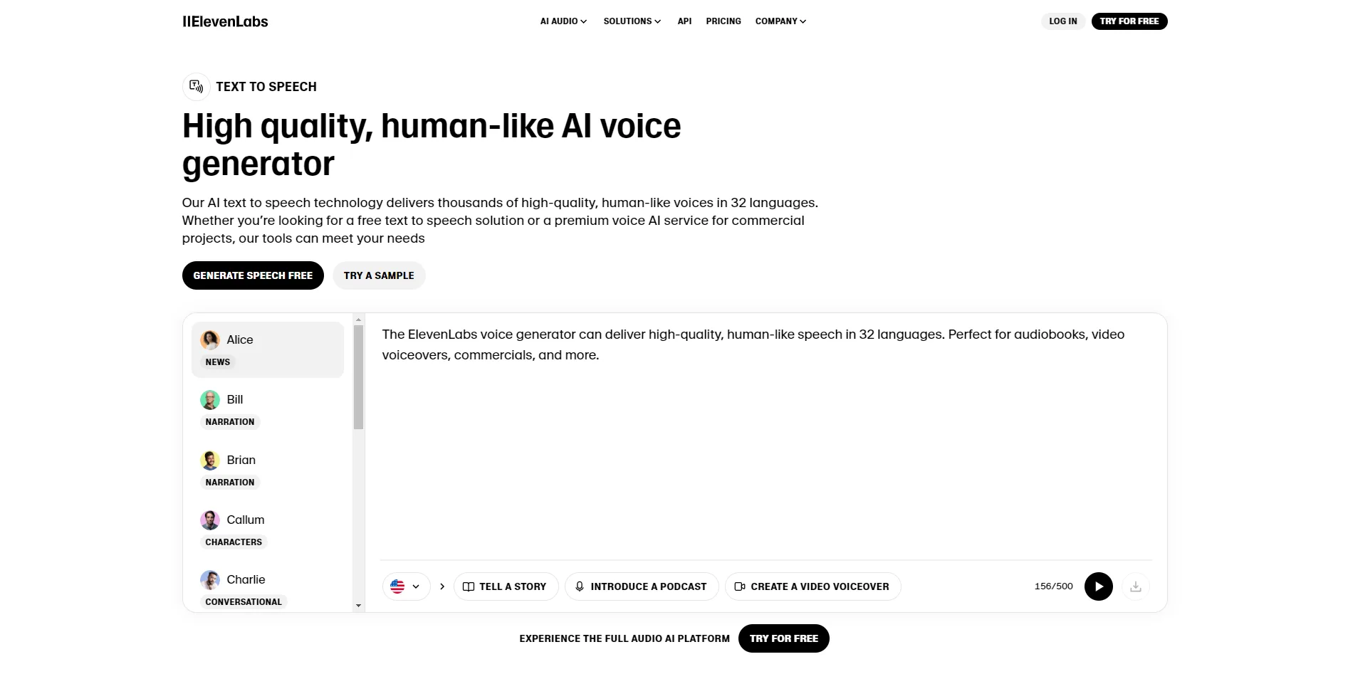 Screen shot of webpage of ElevenLabs
