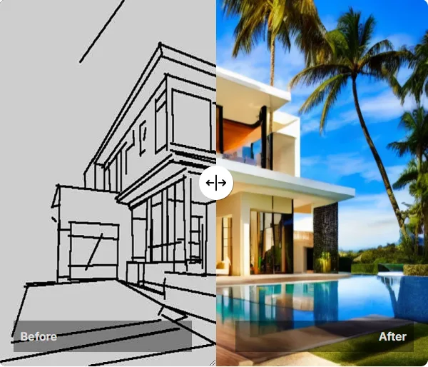 לפני ואחרי של סקיצה להדמיה מדויקת באמצעות ArchitectAI