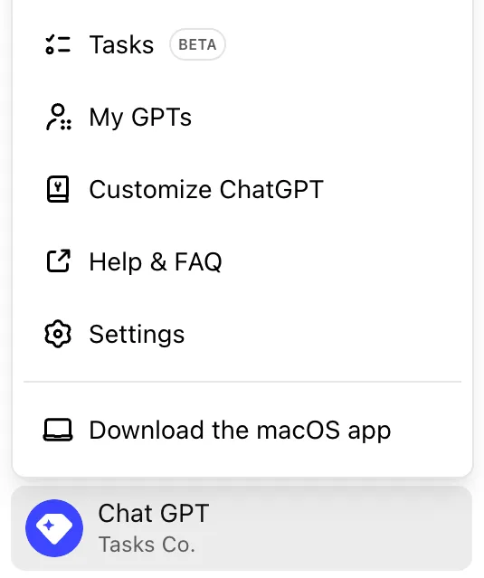 צילום מסך של בחירה בפיצר Tasks של ChatGPT