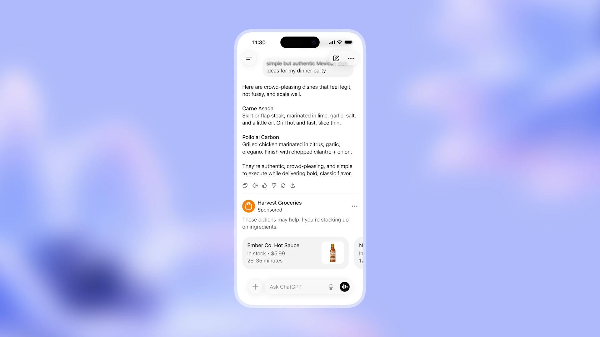 דוגמא לפרסומות בתוך שיחה בChatGPT