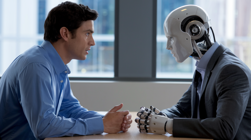 בן אדם יושב מול רובוט ומדבר איתו