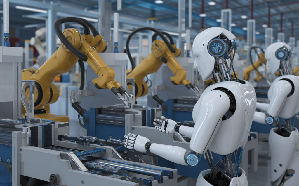 רובוט עושה עבודה מפעלית עם עוד רובוטים