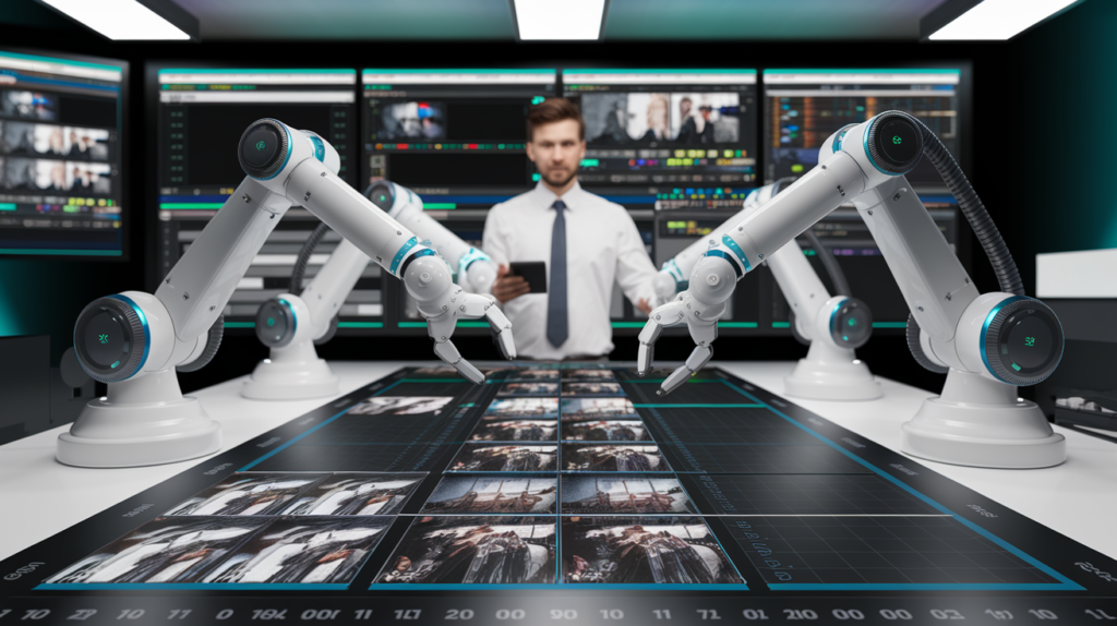 ידיים רובוטיות עורכות וידיאו בחדר עריכה