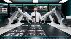 ידיים רובוטיות עורכות וידיאו בחדר עריכה