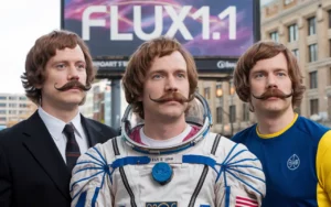 3 men standing with long hair and big mustach