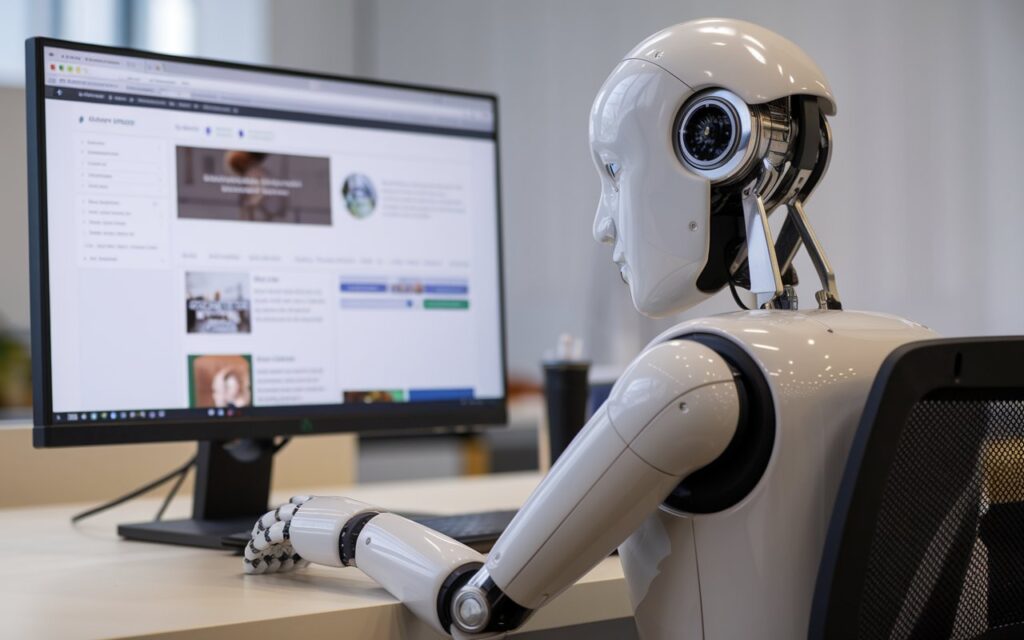 רובוט יושב ועובד מול מחשב