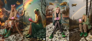 4 תמונות שנוצרו על ידי AI שכל אחת מהם מציגה אישה מבוגרת בלונדינית יושבת על הרבה שטרות וברקע יש חלליות עתידיות וקשת בענן