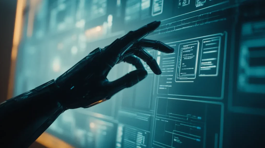 יד רובוטית נוגעת במסך עתידי