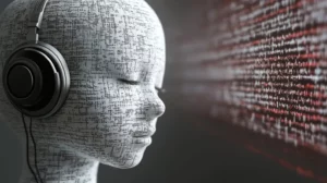 דמות לבנה כמו בן אדם ילד עוצמת עיניים עם אוזניות והפנים שלה עם פיקסלים שחורים