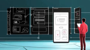 בן אדם עם בגדים אדומים מביט לתוך קיר כחול שעל הקיר יש שרטוטי מסך