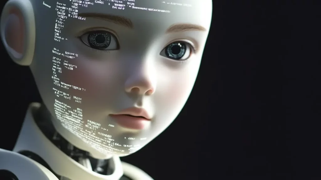 זום אין על רובוט עם פרצוף של ילד ועל הפנים שלה עם שורות קוד לבנות