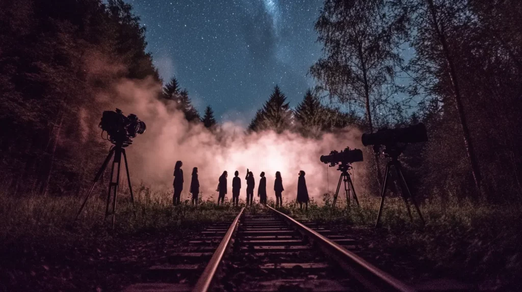 מצלמות וידאו מצלמות אנשים בשטח מאחוריהם יש עשן ומעליהם כוכבים