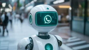 רובוט הולך רקע מעומעמם ובפנים של הרובוט יש סימן whatsapp