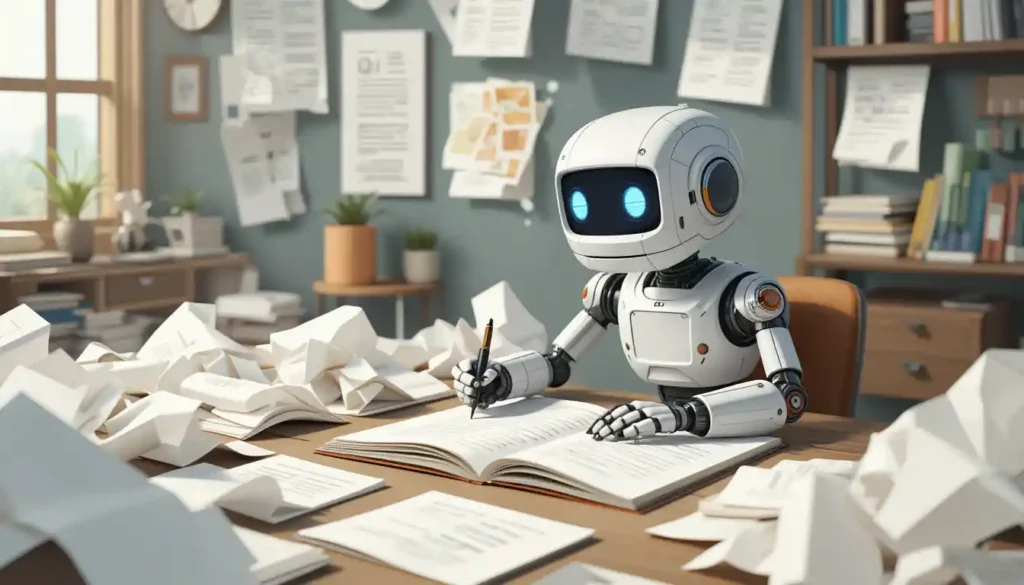 רובוט כותב דפים על גבי דפים וחושב