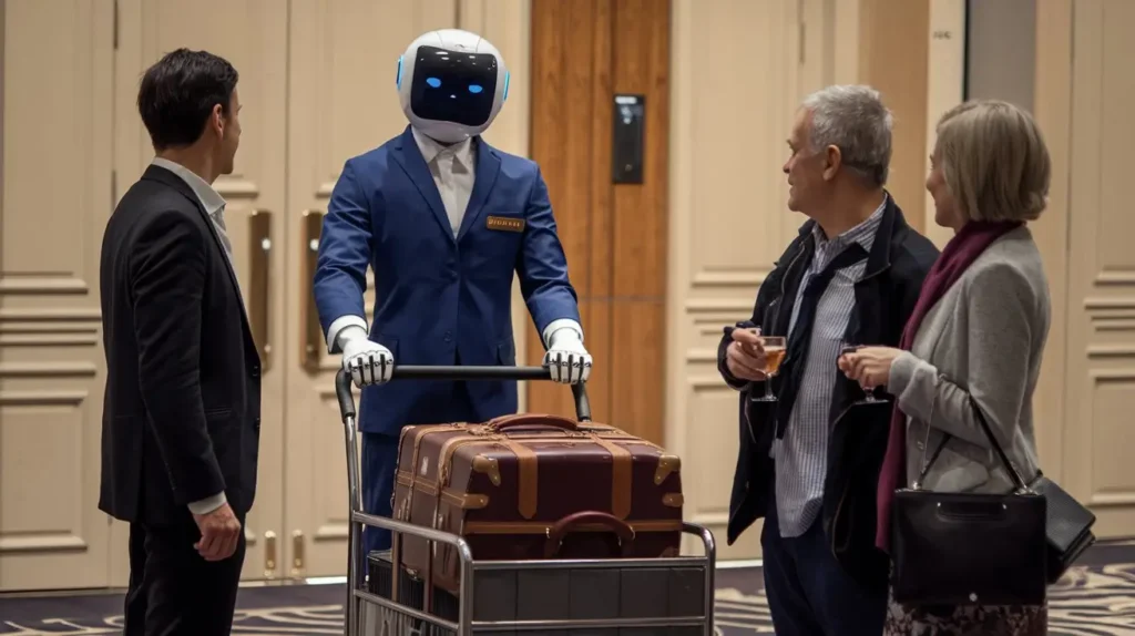 רובוט דמוי אדם עוזר לאנשים לקחת את המזוודות במלון
