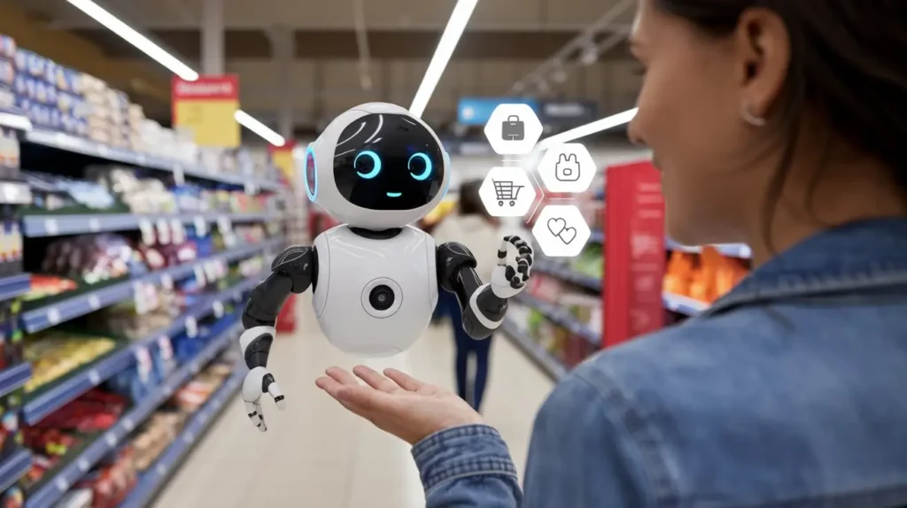 רובוט קטן וחמוד עוזר לאישה לעשות קניות בסופר מרקט
