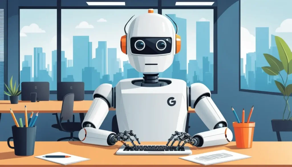 רובוט בתוך משרד מקליד במקלדת מאחוריו בניינים איור שטוח