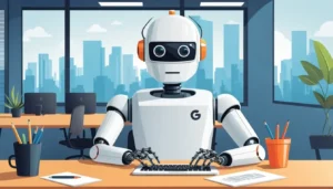 רובוט בתוך משרד מקליד במקלדת מאחוריו בניינים איור שטוח