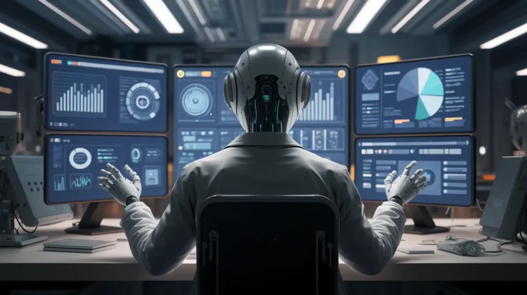 רובוט מסתכל על מספר מסכים במקביל