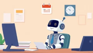 רובוט קטן וחמוד בתוך משרד איור שטוח