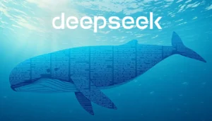 לוויתן בתוך המים שעשוי מטקסט שנראה כמו קוד ומעליו כתוב Deepseek