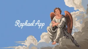 איור של מלאך יושב על עננים וברקע כתוב Raphael.app