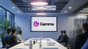 אנשים יושבים במשרד ישיבות מסתכלים על מסך שכתוב על Gamma נוצר על ידי בינה מלאכותית