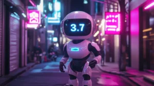 רובוט חמוד בתאורה לילית בעיר על הראש שלו כתוב 3.7 מאחוריו תאורה של לדים סגולים נוצר על ידי בינה מלאכותית