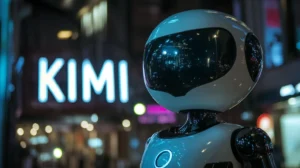 תאורת עיר לילית ורובוט מבריק עם קסדה בהשתקפות שלה רואים תאורה לילית וברקע כתוב KIMI