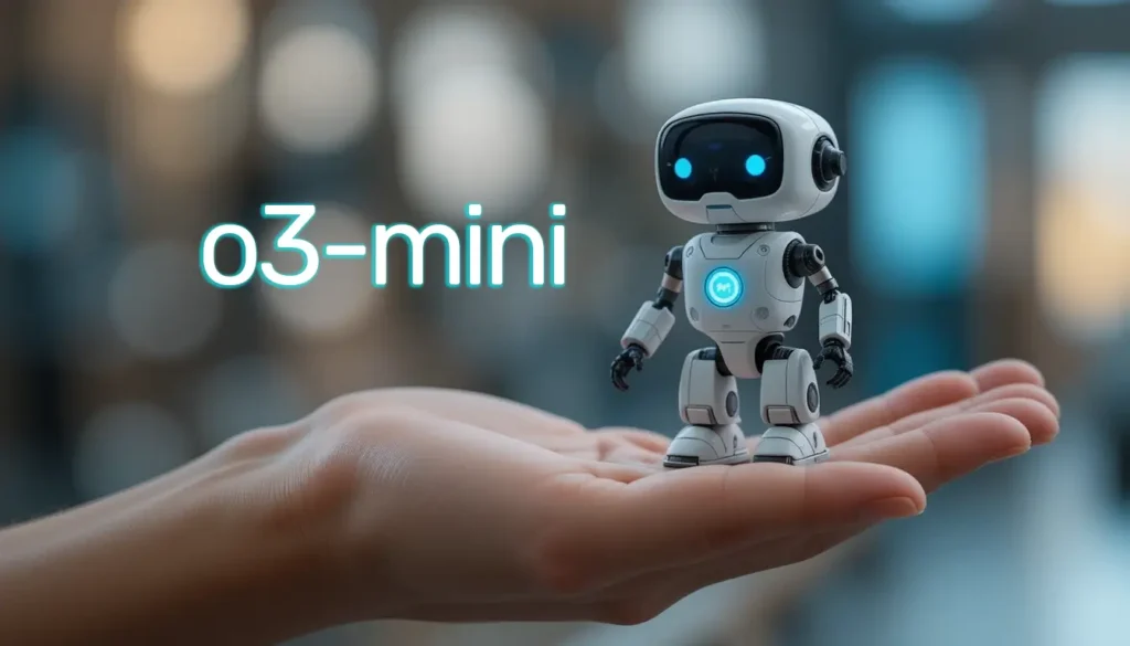רובוט קטן על כף יד שכתוב לידו o-3 mini רקע עמום נוצר על ידי בינה מלאכותית