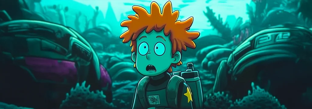דמות במעמקי הים מזכירה שילוב של ריק ומורטי נראית מופתעות וברקע רקע מדהים של צמחים ומכונות חדשניות נוצר על ידי בינה מלאכותית