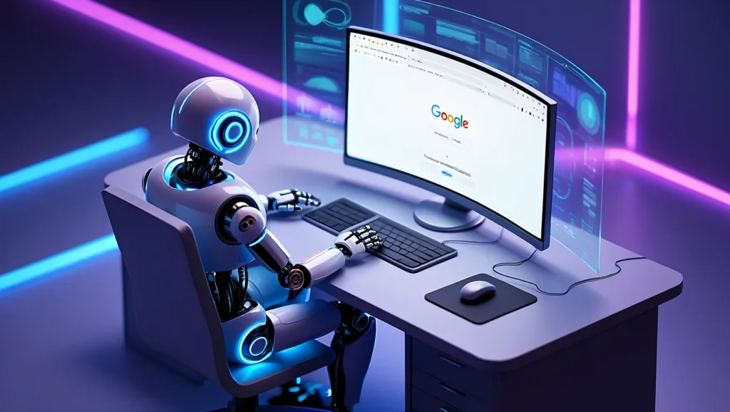 רובוט יושב מול המסך מקליד במחשב במסך יש את מנוע החיפוש גוגל