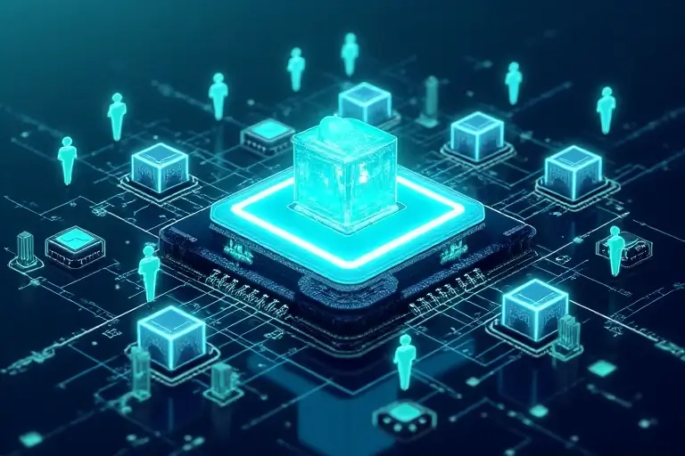 קוביה גדולה במרכז ומסביבה קוביות קטנות ואנשים קטנים