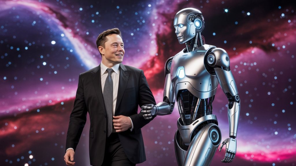 אילון מאסק ורובוט ברקע של גלקסיות