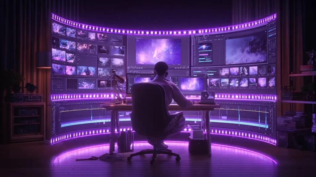 בחור יושב מול המון מסכים וכל המסכים והאיזור שלו מוקפים בלדים סגולים