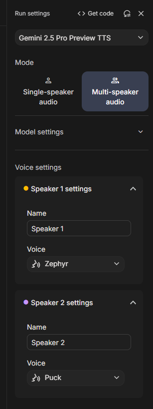 צילום מסך של Generate speech בgogole ai studio