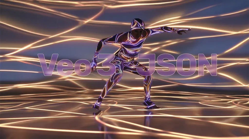 דמות תלת מימדית שנראית בתנועה ועליה מופיעה כותרת "Veo 3 JSON"