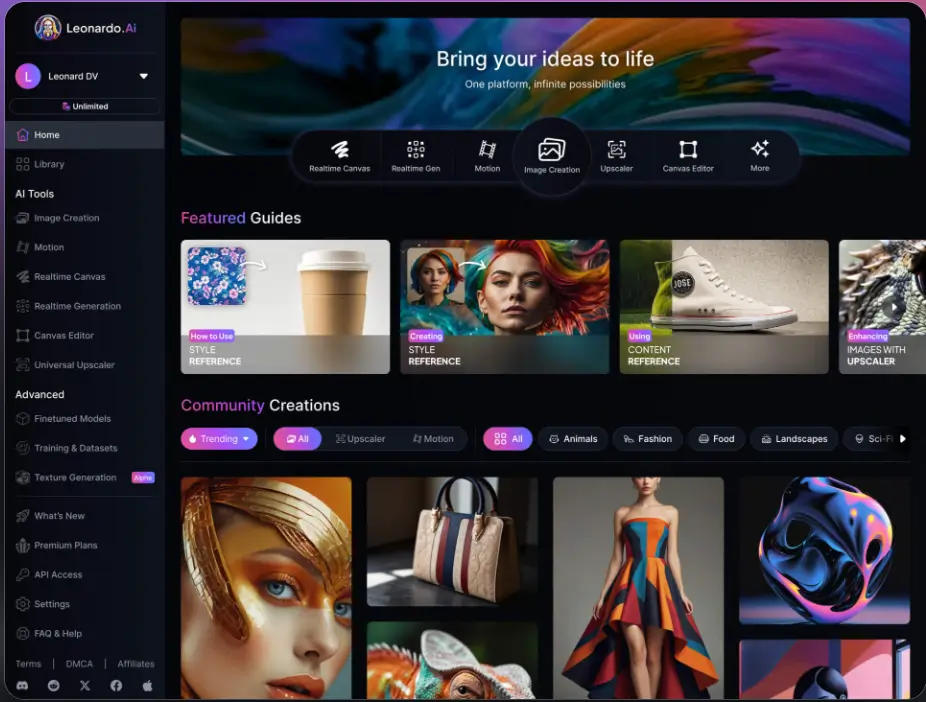 צילום מסך עמוד הבית Leonardo ai