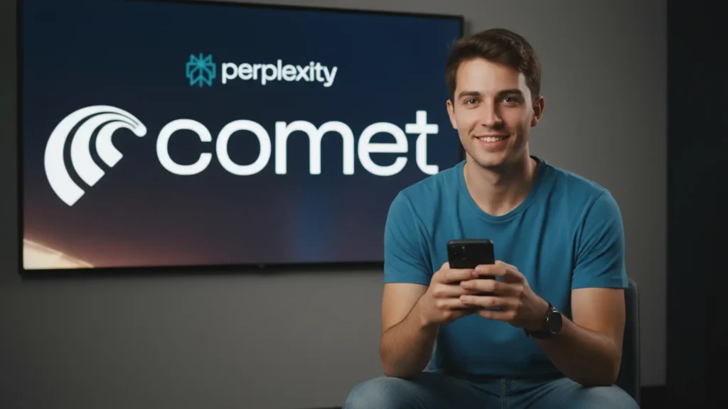 איש גולש בטלפוןש לו, מאחורי מסך עם הכיתוב Perplexity Comet