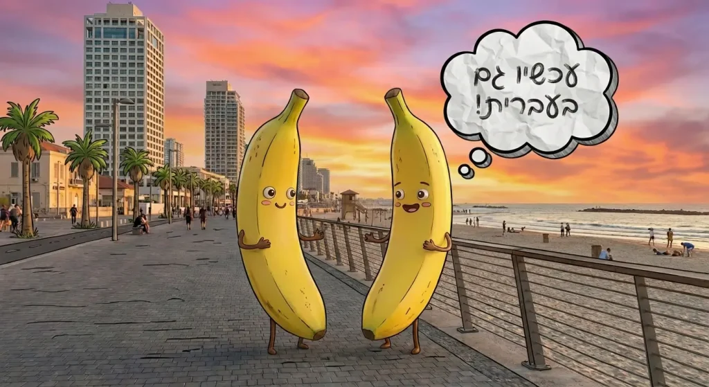 באנר של שני בננות מסתכלות אחת על השניה ואחת מהן אומרת לשניה "עכשיו גם בעברית" לכתבה על סקירת מודל ננו בננה 2