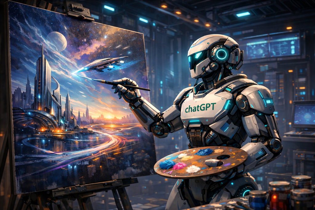 רובוט שכתוב עליו chatGPT מחזיק מכול ומצייר עיר עתידנית
