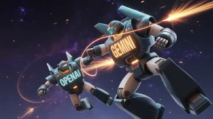 2 רובוטים נלחמים בחלל על אחד כתוב OPENAI על השני GEMINI