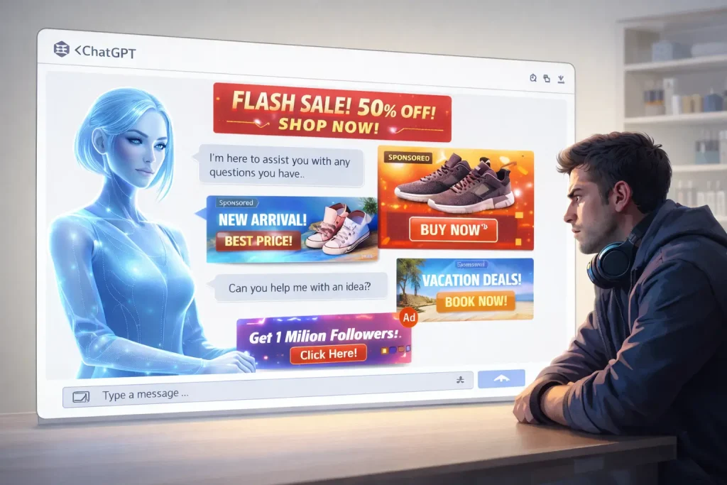 גבר מדבר עם סוכן בינה מלאכותית ובתוך הצ'אט יש פרסומות