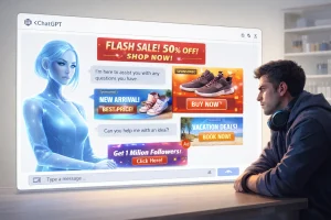 גבר מדבר עם סוכן בינה מלאכותית ובתוך הצ'אט יש פרסומות