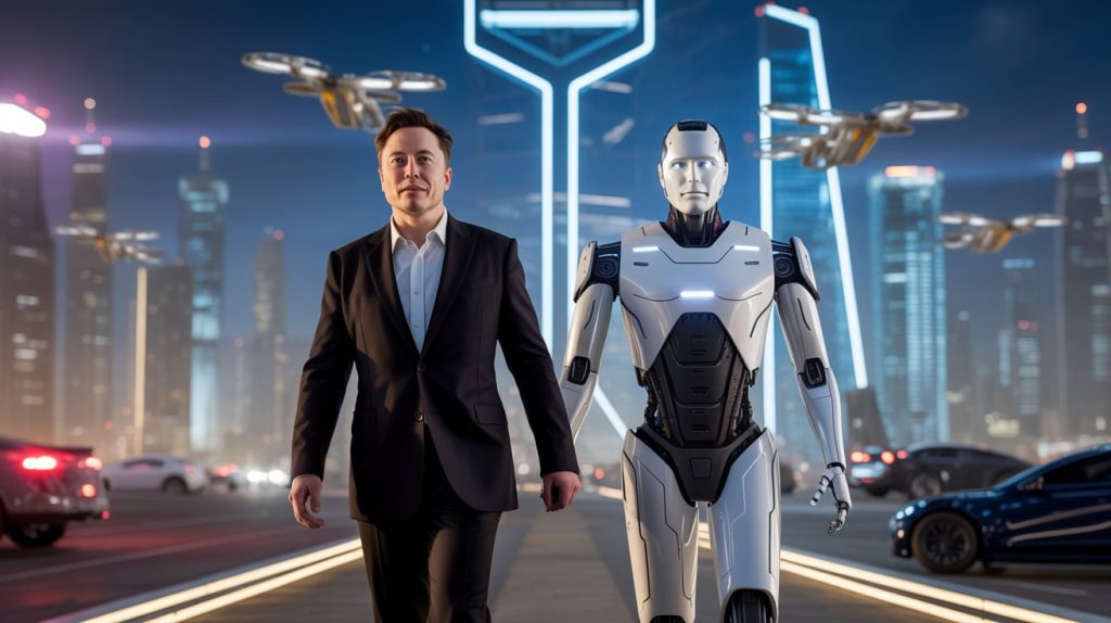 אילון מאסק ורובוט אופטימוס הולכים יד ביד בעיר עתידנית