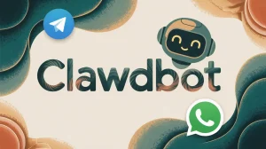 ראש קטן של רובוט, במרכז התמונה כתוב Clawdbot ויש אייקונים של טלגרם ואייקון whatsapp