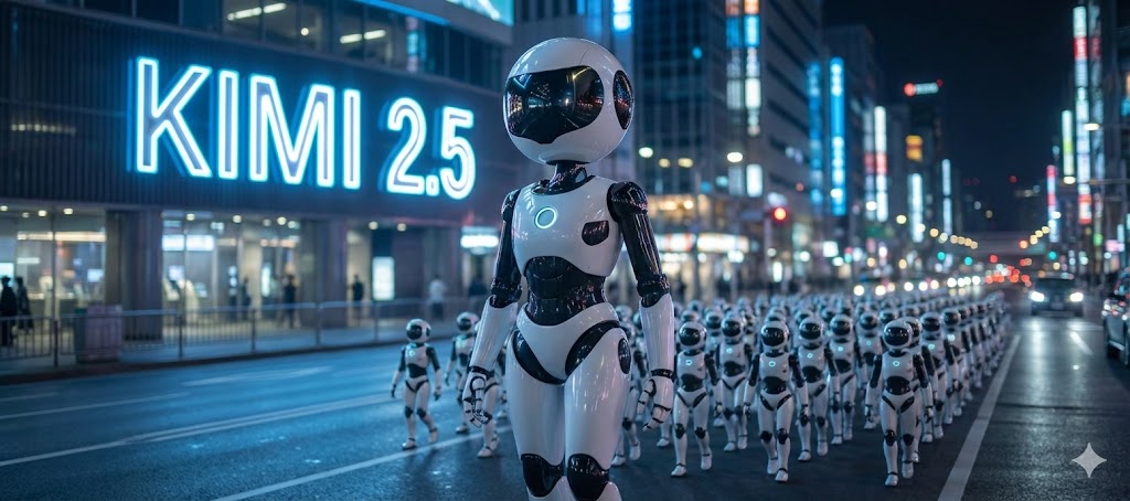 רובוט גדול באמצע עיר גדולה, מאחוריו יש שלט גדול שכתוב עליו kimi 2.5 מאחורי הרובוט יש מאות רובוטים קטנים דומים אליו שהולכים אחריו