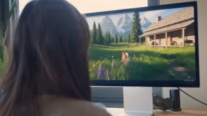 אישה יושבת מול מסך מחשב שמריץ את ממש Genie 3. במסך רואים דמות כלב מטיילת בשדה