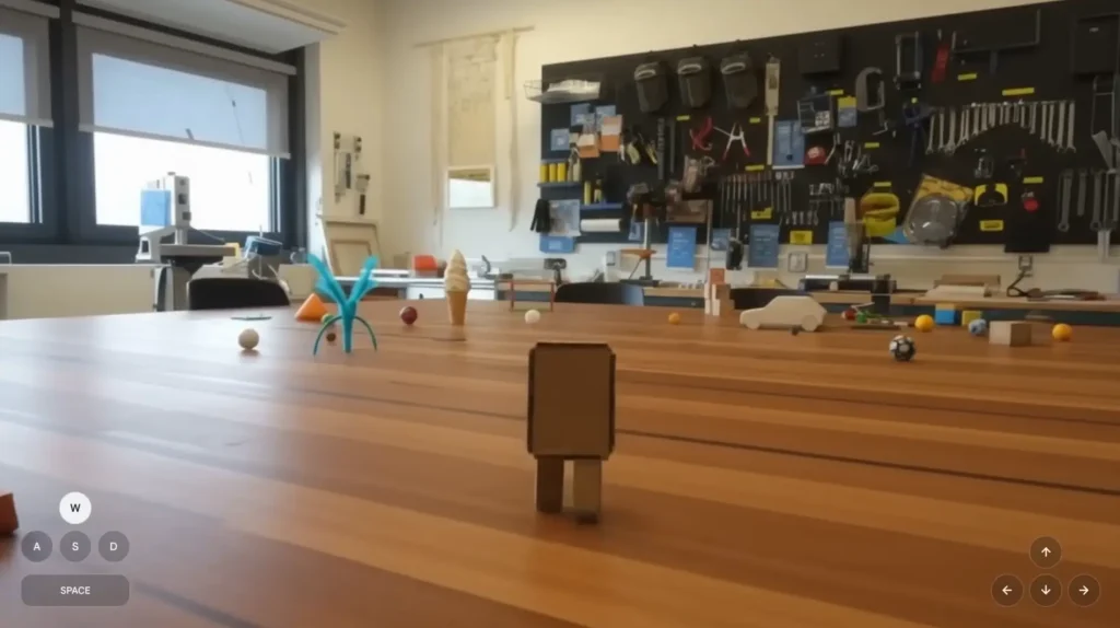 צילום מסך מתוך עולם שיצר המודל. שולחן משרדי ועליו רצה דמות קרטון