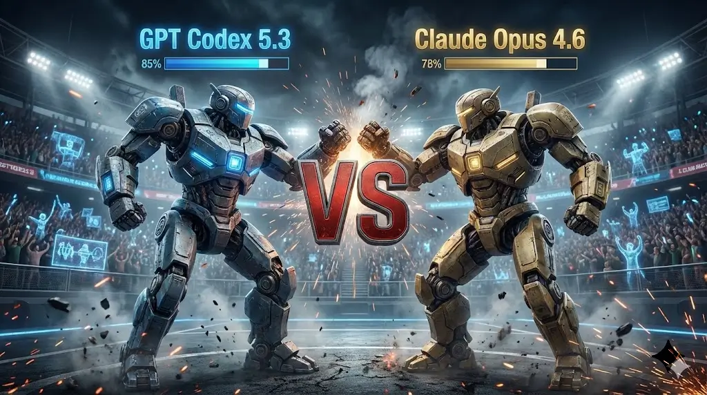 שני רובוטים נלחמים בזירה, לרובוט אחד קוראים GPT Codex 5.3 לרובוט השני קוראים Claude Opus 4.6